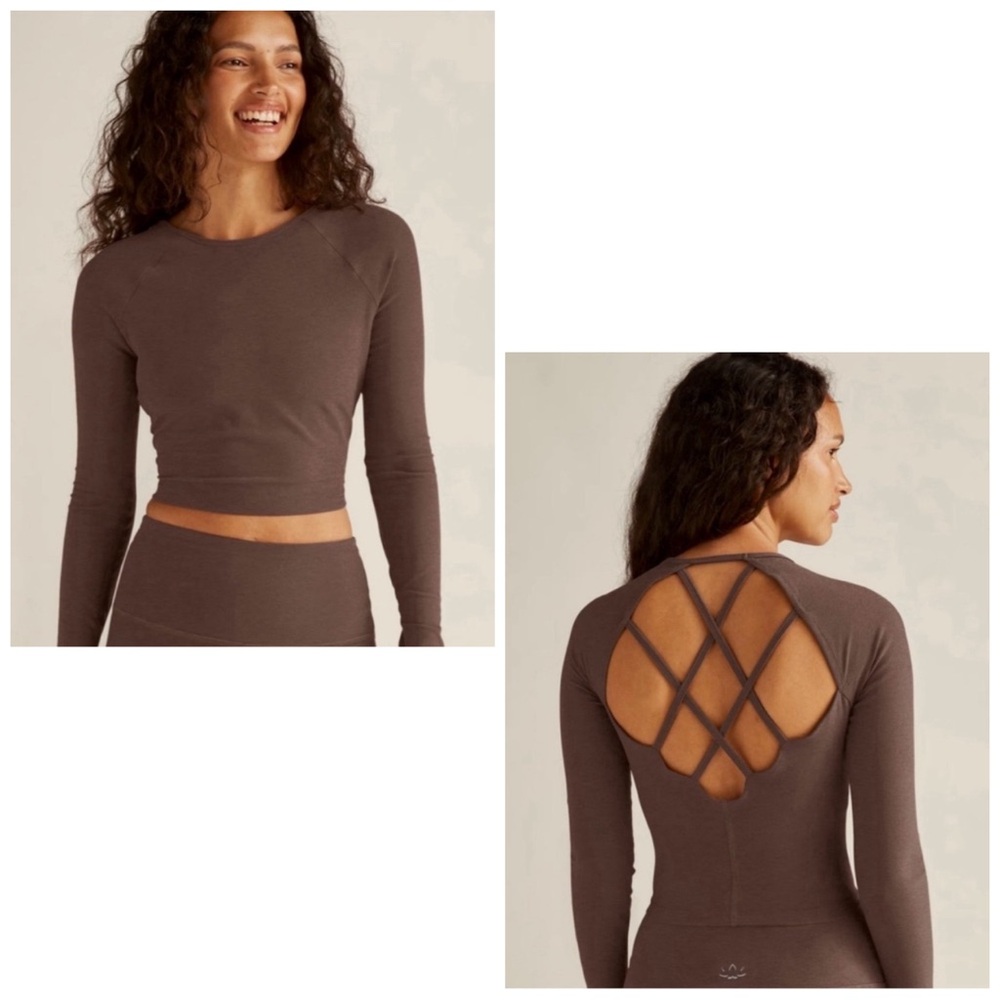Beyond Yoga Long Sleeve Sexy Open Back Crisscross Crop Top XS XL Brown Taupe